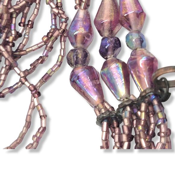 Vintage Mauve Irridecent Glass Beads, Brass Center Piece with Beads 18" Necklace - Picture 3 of 7